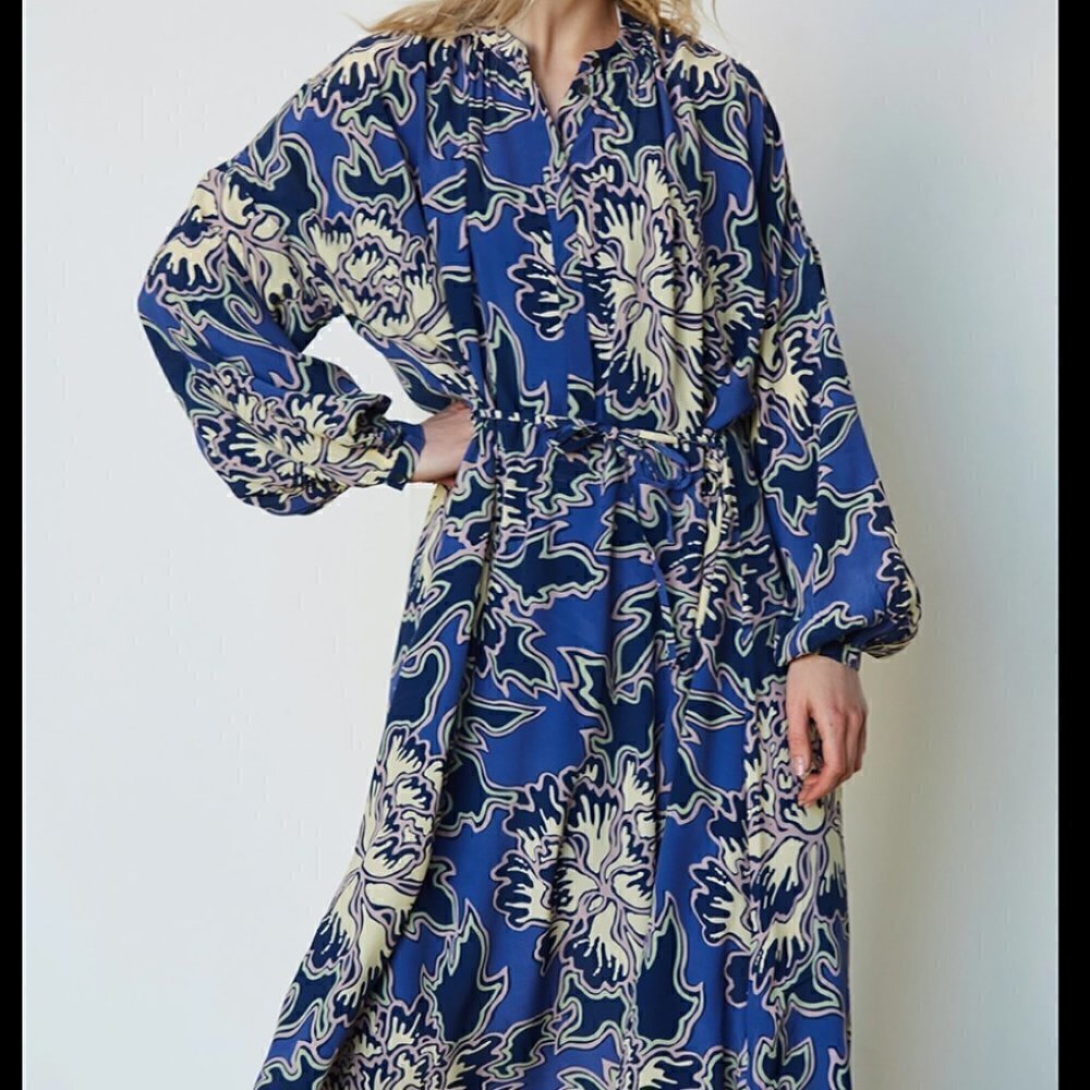 CLOSED Emily floral maxi kobalt long sleeve silk blend dress size L